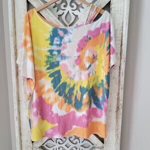 Bibi Women's Short Sleeve Dolman Strappy One Shoulder Top Tie Dye Jersey Knit